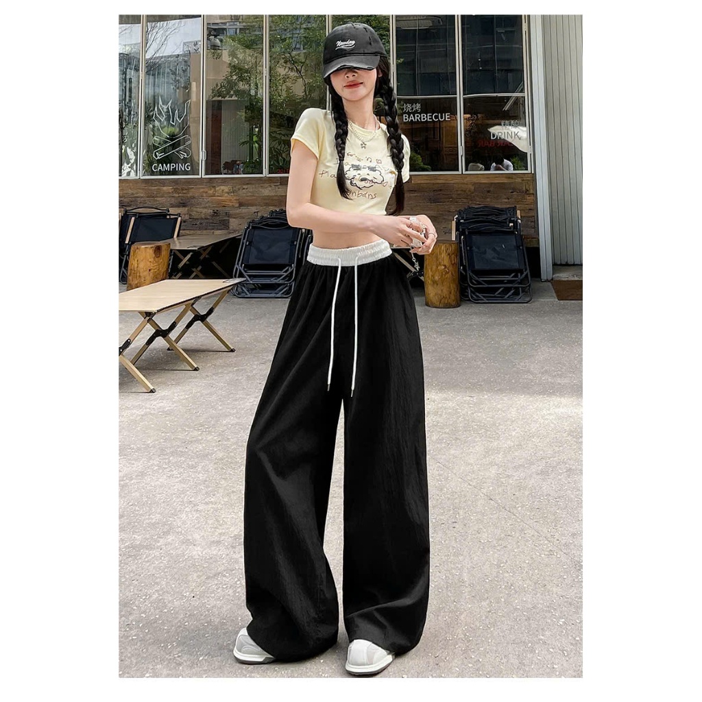 Quần Ống Rộng Nữ Vải Dù Đẹp Cạp Phối Trắng Mix Đồ Nhiều Pong Cách Thời Trang Tôn Eo Che Khuyết Điểm