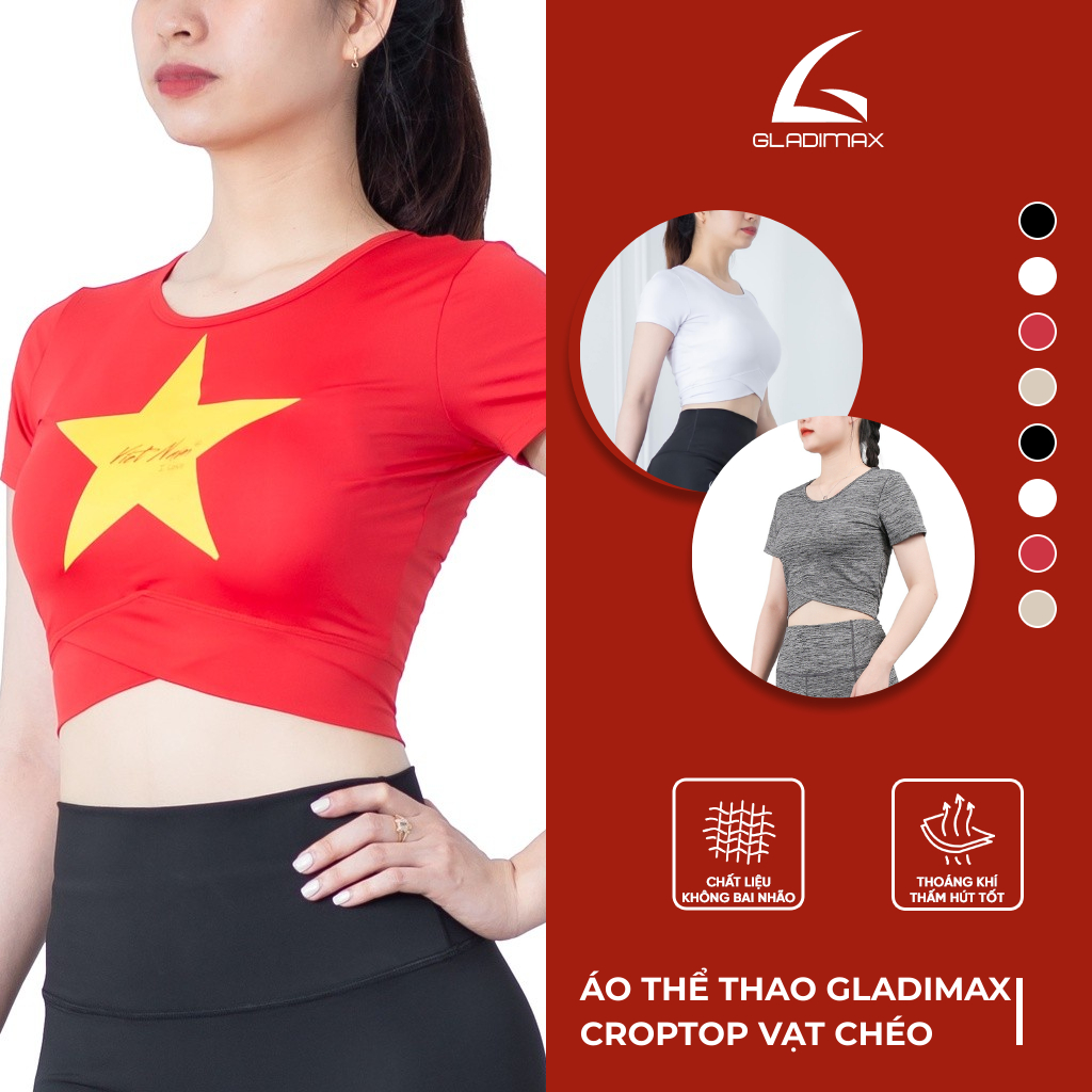 Áo Thể Thao Croptop Vạt Chéo Thời Trang Hottrend Gladimax, Áo Croptop Nữ Tập Gym Yoga Cộc Tay Năng Động Thoáng Mát