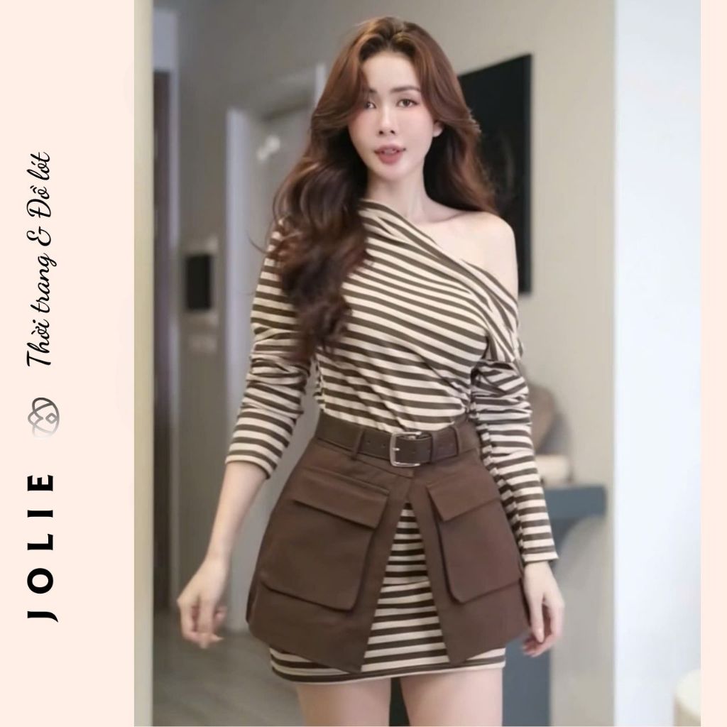 Set Váy Body Liền Kẻ Sọc và Chân Váy Kaki Kiểu Túi Hộp