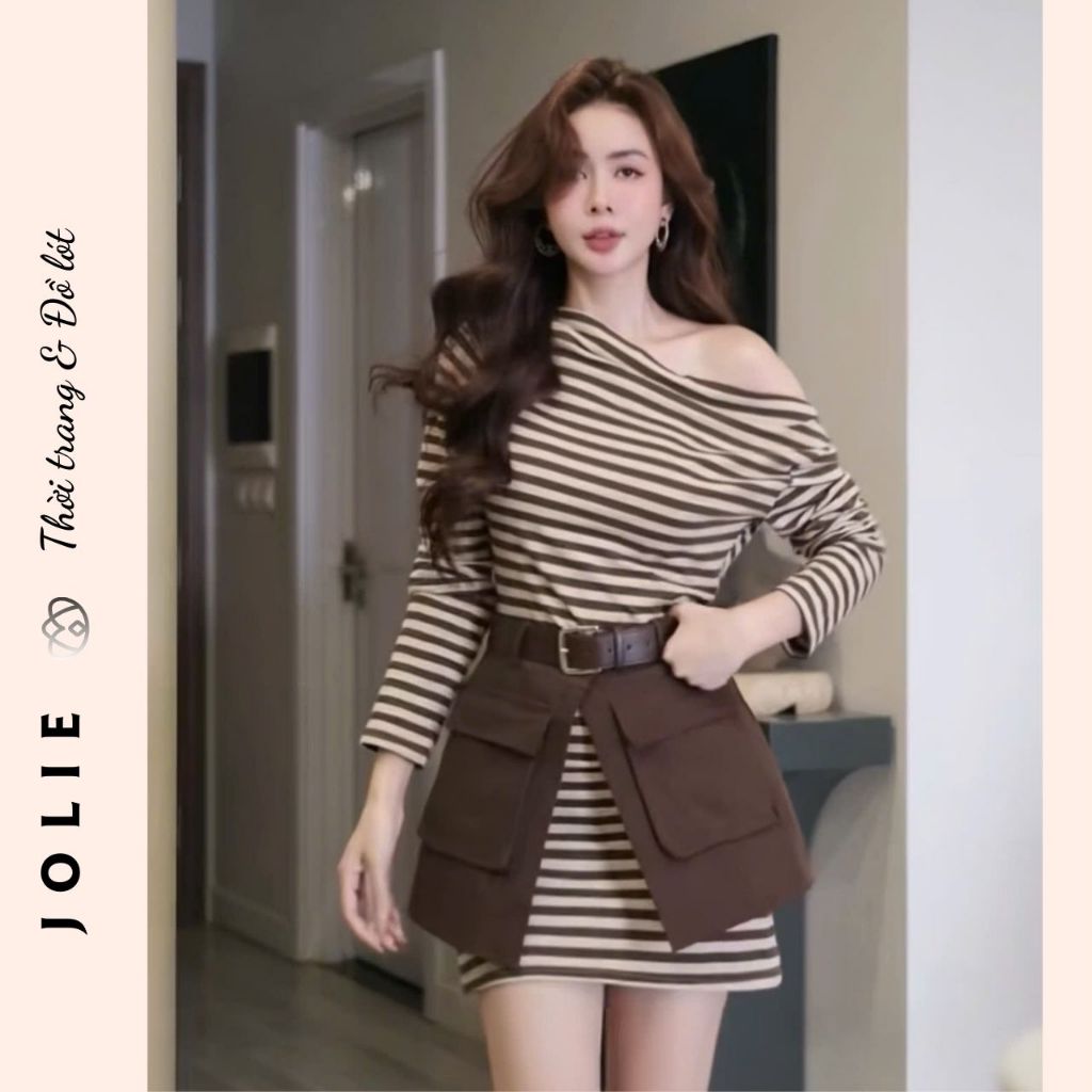 Set Váy Body Liền Kẻ Sọc và Chân Váy Kaki Kiểu Túi Hộp