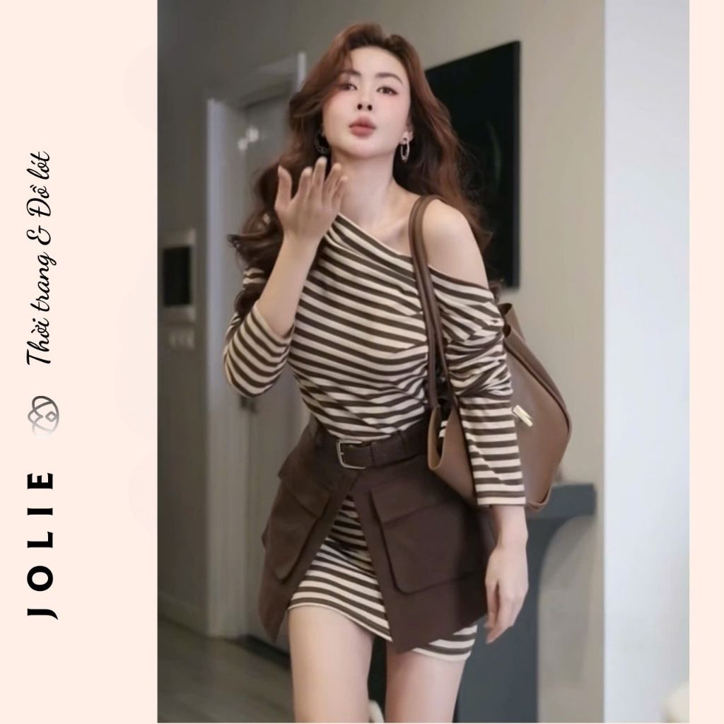 Set Váy Body Liền Kẻ Sọc và Chân Váy Kaki Kiểu Túi Hộp
