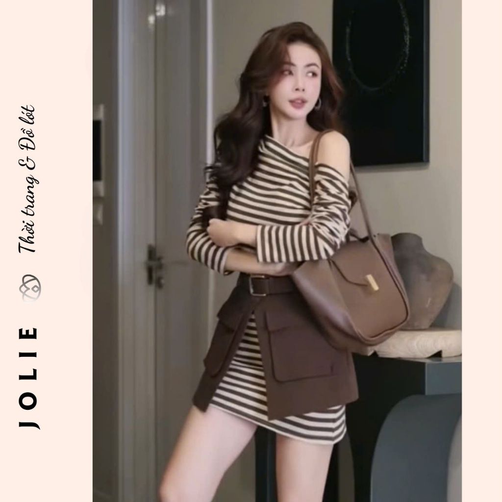 Set Váy Body Liền Kẻ Sọc và Chân Váy Kaki Kiểu Túi Hộp