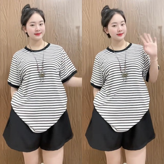 Đồ Bộ Bigsize Nữ Áo Thun Kẻ Sọc Kèm Quần Đùi Lưng Chun Vải Mặc Mát Cho Chubby A294+Q500