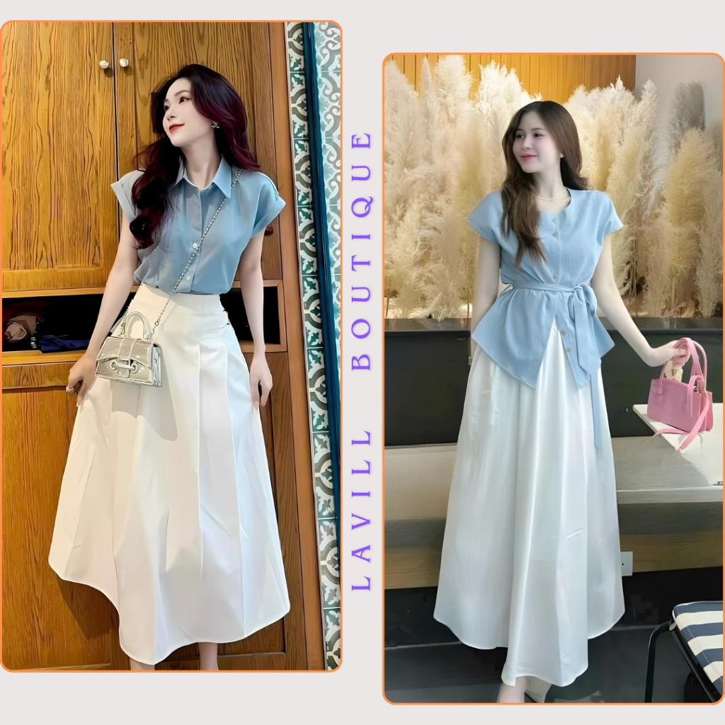 Set đồ nữ áo sơ mi nữ ngắn tay mix chân váy maxi trắng thanh lịch Lavil Boutique