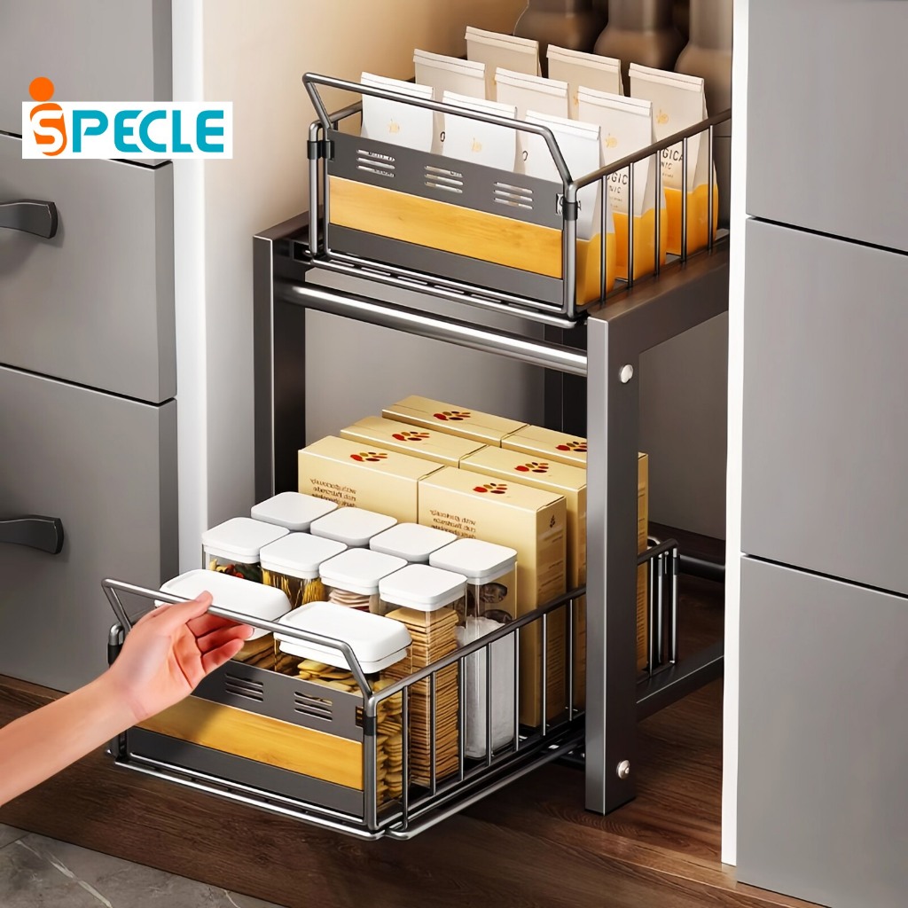 iSPECLE Kệ Đa Năng Ngăn Kéo Trượt - 2 Tầng Mặt Gỗ, Chứa Gia Vị & Vật Dụng Bếp Tiết Kiệm Không Gian