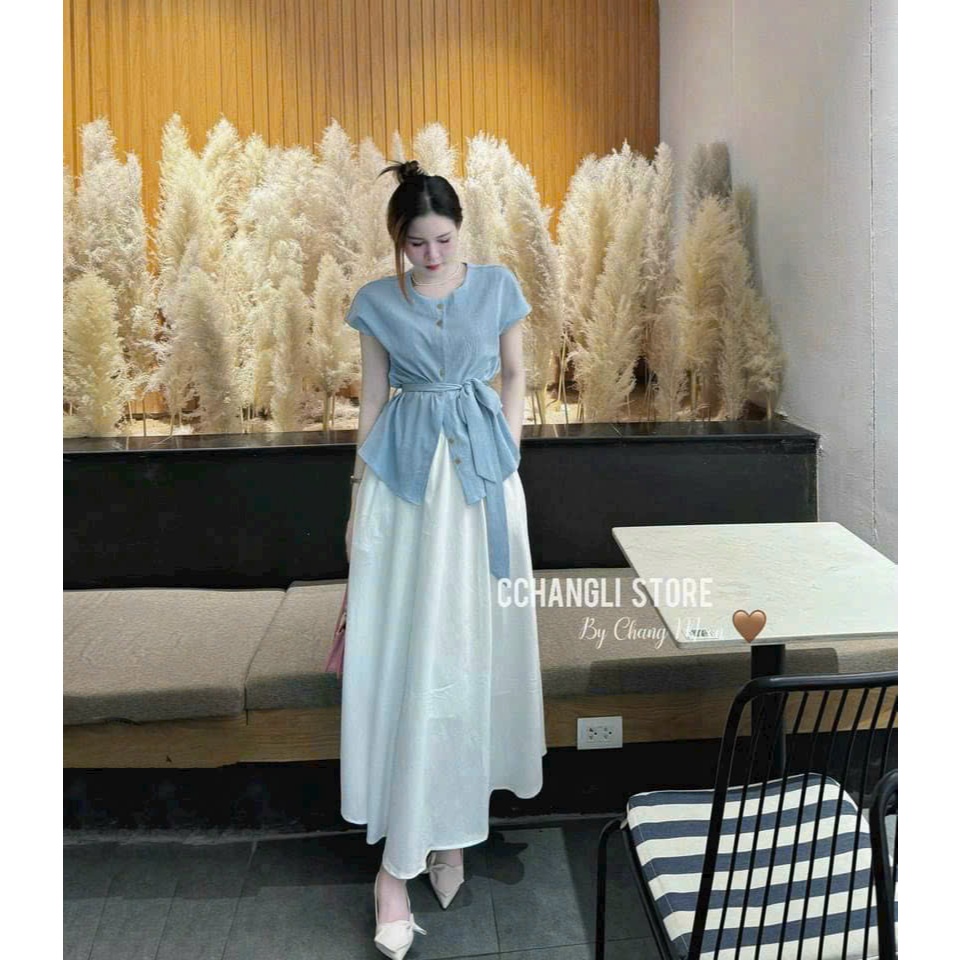 Set đồ nữ áo sơ mi nữ ngắn tay mix chân váy maxi trắng thanh lịch Lavil Boutique