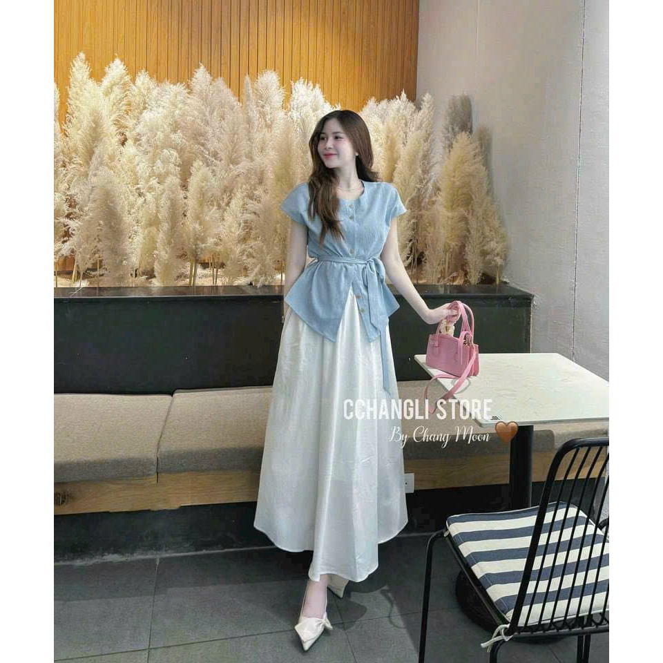 Set đồ nữ áo sơ mi nữ ngắn tay mix chân váy maxi trắng thanh lịch Lavil Boutique