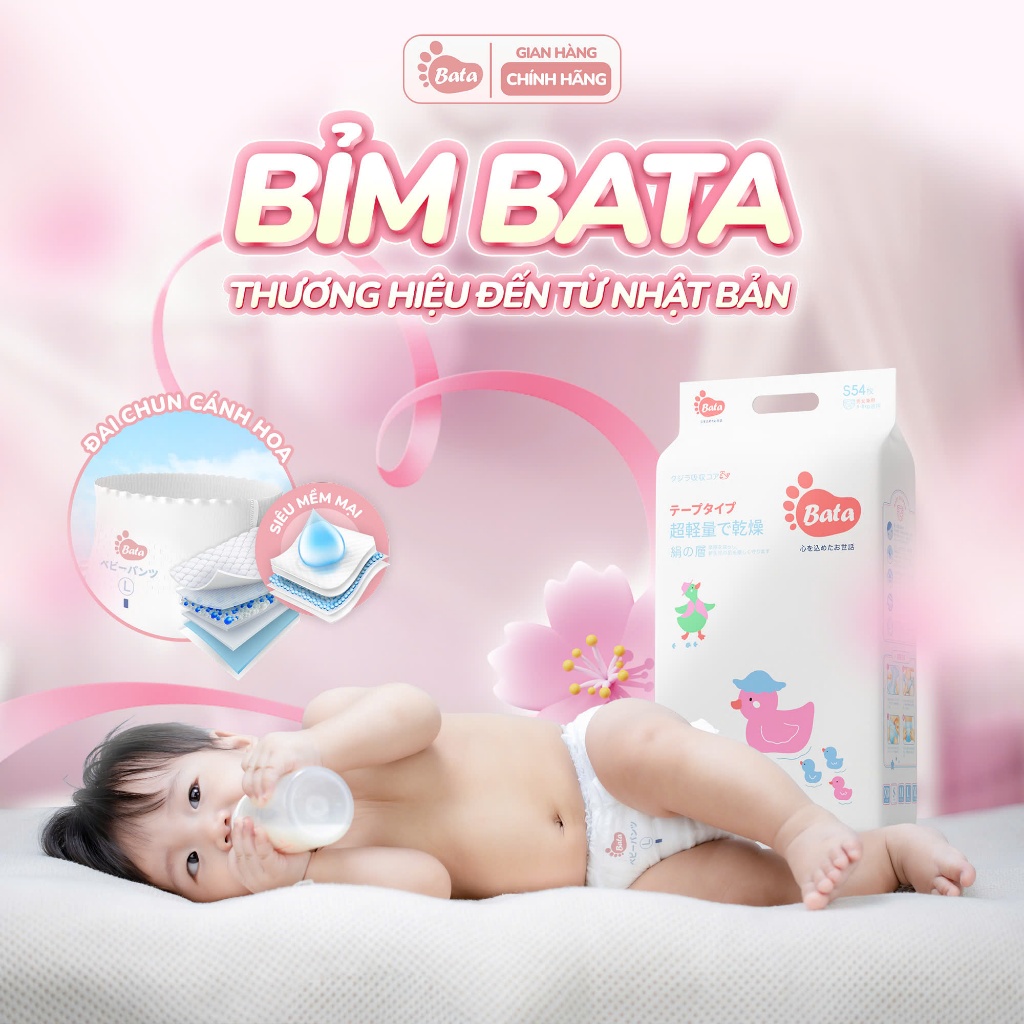1 Bịch bỉm quần/dán BATA Nhật Bản cho bé, đai eo cánh hoa, mềm mại và chống tràn tối đa (NB--4XL)