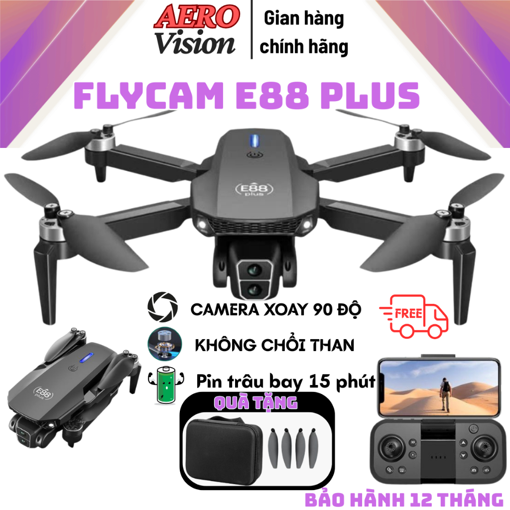 Flycam E88 Plus, camera 4K, bay ổn định, phù hợp quay du lịch và tập ...