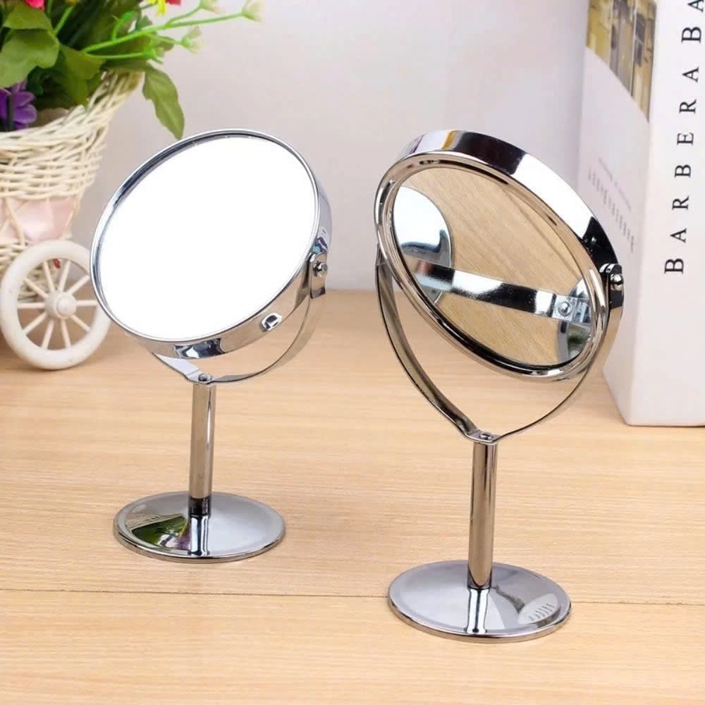 Gương Trang Điểm Cầm Tay Hình Bầu Dục Hai mặt Xoay 360° Để Bàn, Khung Viền Inox Màu Bạc, Gương Trong