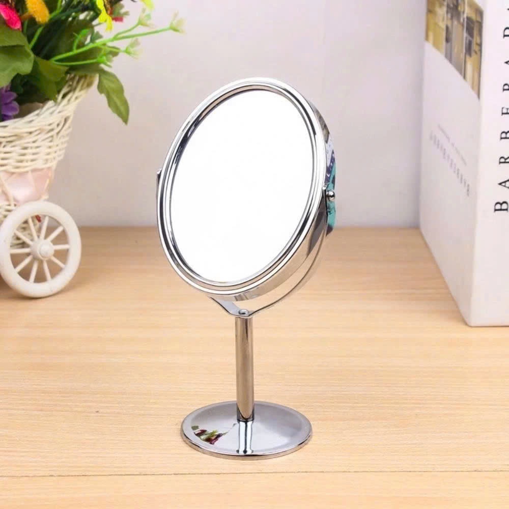 Gương Trang Điểm Cầm Tay Hình Bầu Dục Hai mặt Xoay 360° Để Bàn, Khung Viền Inox Màu Bạc, Gương Trong