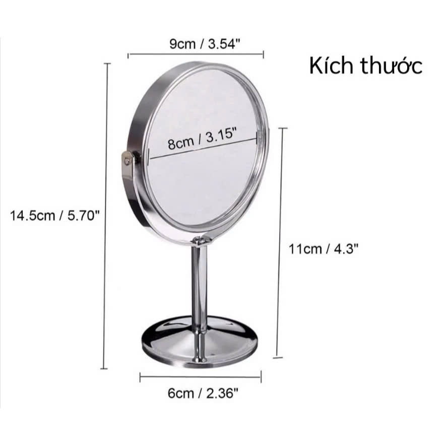 Gương Trang Điểm Cầm Tay Hình Bầu Dục Hai mặt Xoay 360° Để Bàn, Khung Viền Inox Màu Bạc, Gương Trong