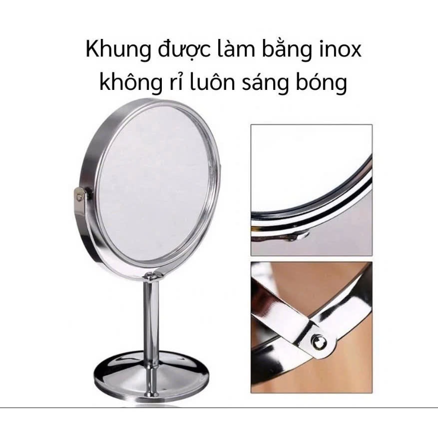 Gương Trang Điểm Cầm Tay Hình Bầu Dục Hai mặt Xoay 360° Để Bàn, Khung Viền Inox Màu Bạc, Gương Trong