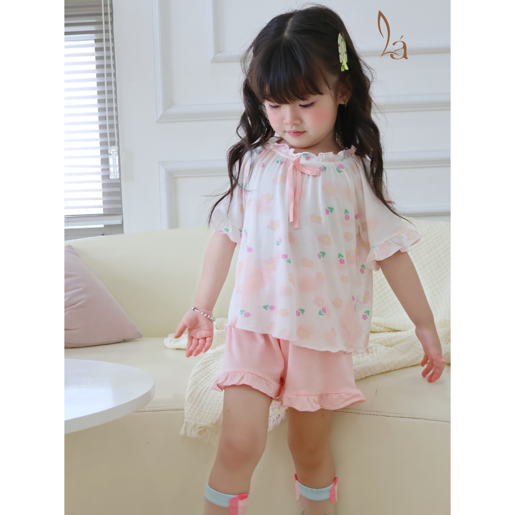 Bộ hè bé gái sợi sồi Modal Lá Homewear A247 mềm mát lạnh, bộ cộc tay bé gái babydoll