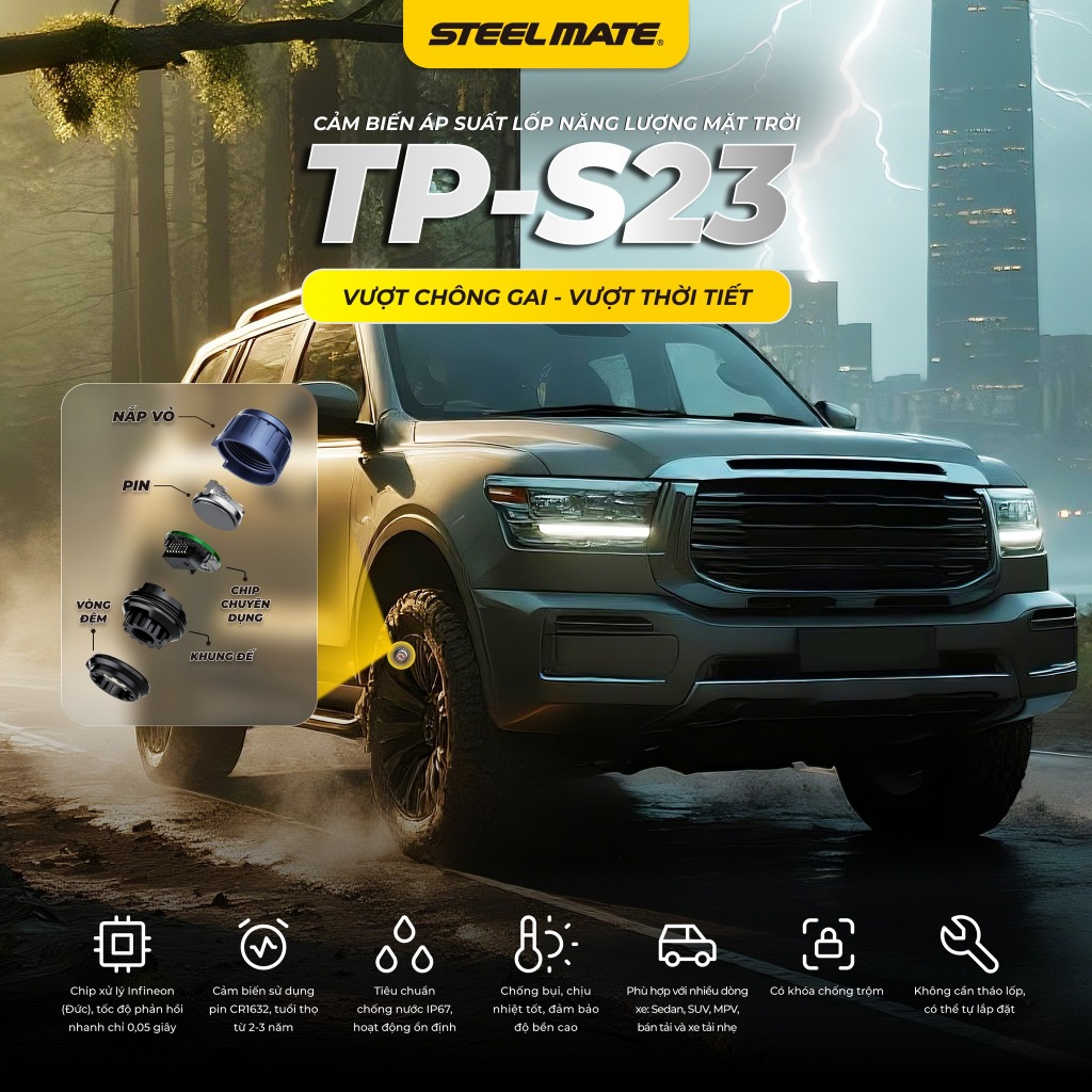 [TPMS] Cảm Biến Áp Suất Lốp Ô Tô STEELMATE TP-S23 - Van Ngoài, Cảnh Báo Âm Thanh, Bảo hành 2 năm