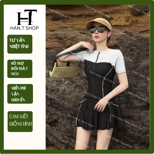 [ BKN 999 ] Size M-L-XL sét đồ bơi đi biển kín đáo, áo tay ngắn váy xòe phối viền tôn dáng HAN.T SHOP