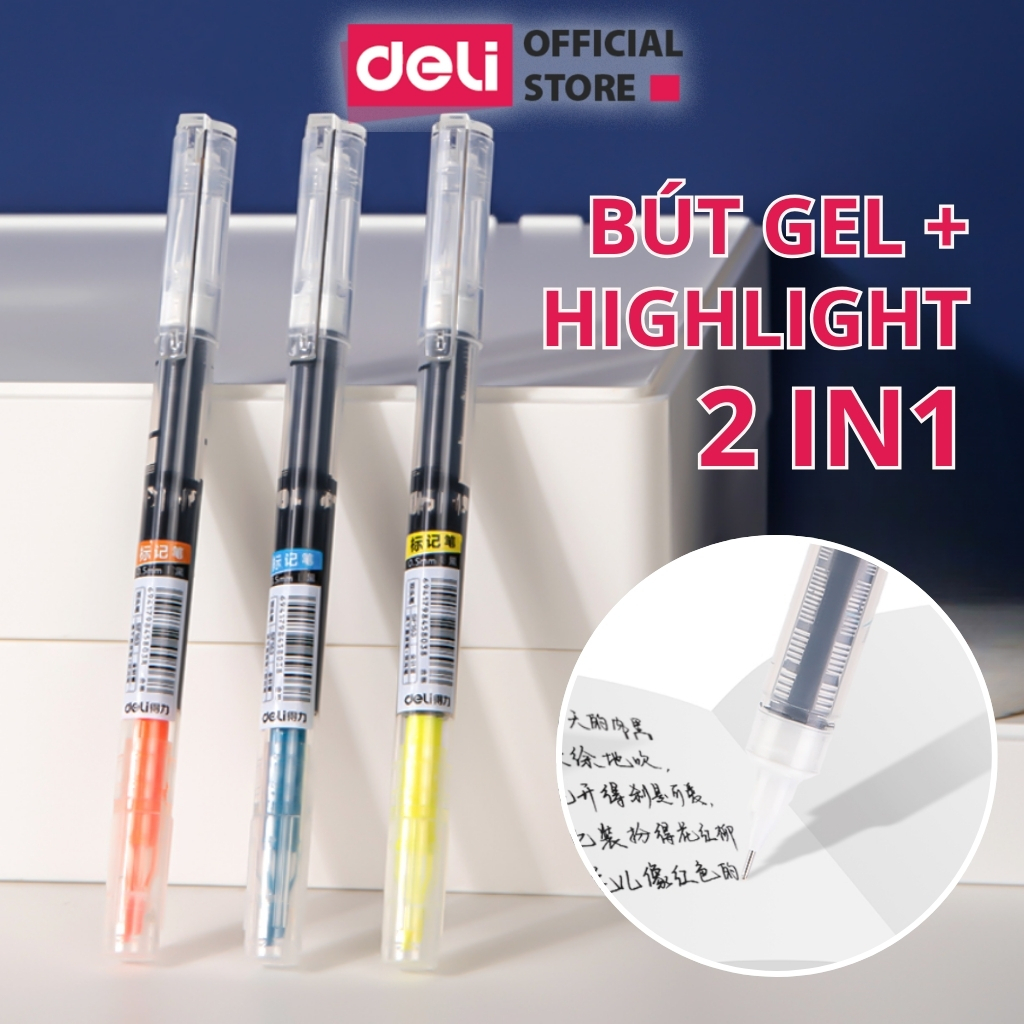 Bút Gel 2 Đầu Highlight Deli Roller Ngòi ST 0.5mm Mực Đen Mau Khô, Đầu Bút Nhớ Màu Vàng Xanh Cam Viết Sổ Bullet Journal