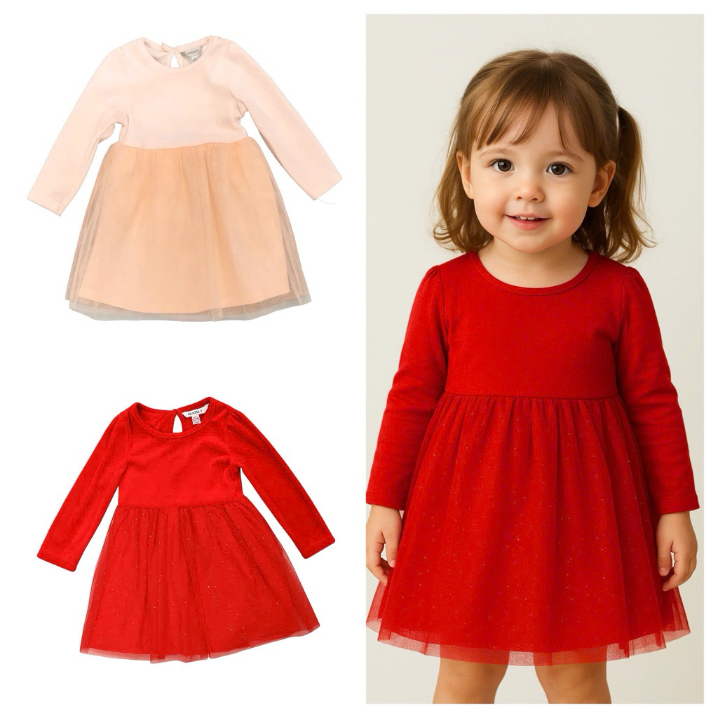 Váy dài tay bé gái sơ sinh L004 xuất dư màu hồng đỏ – thời trang trẻ em, size 0–18M (2–9kg)