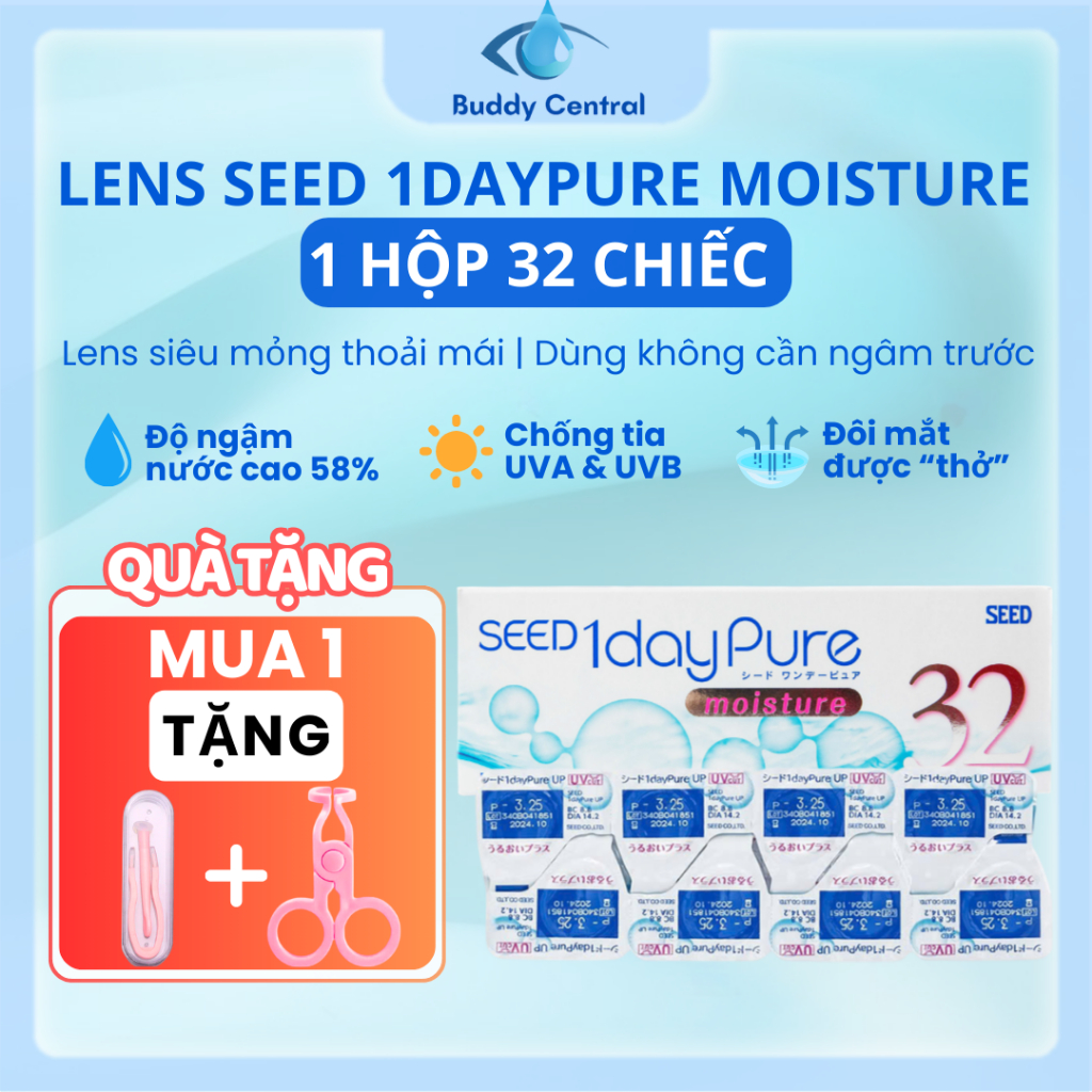 (Hộp 32 chiếc) Lens Seed 1 ngày trong suốt 1 day Pure moisture full độ ...