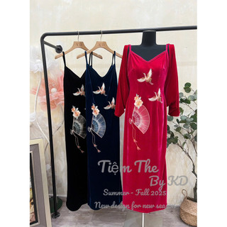 Váy nhung the hai dây thêu quạt + chim hạc dáng dài