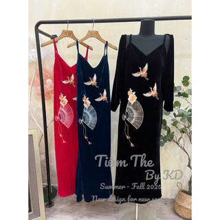 Váy nhung the hai dây thêu quạt + chim hạc dáng dài