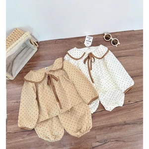 Combo 2 bộ pizama đũi chấm bị cổ sen dễ thương cho bé, set 2 bộ thu đông dài tay đũi mềm mát