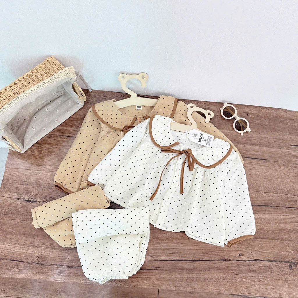 Combo 2 bộ pizama đũi chấm bị cổ sen dễ thương cho bé, set 2 bộ thu đông dài tay đũi mềm mát
