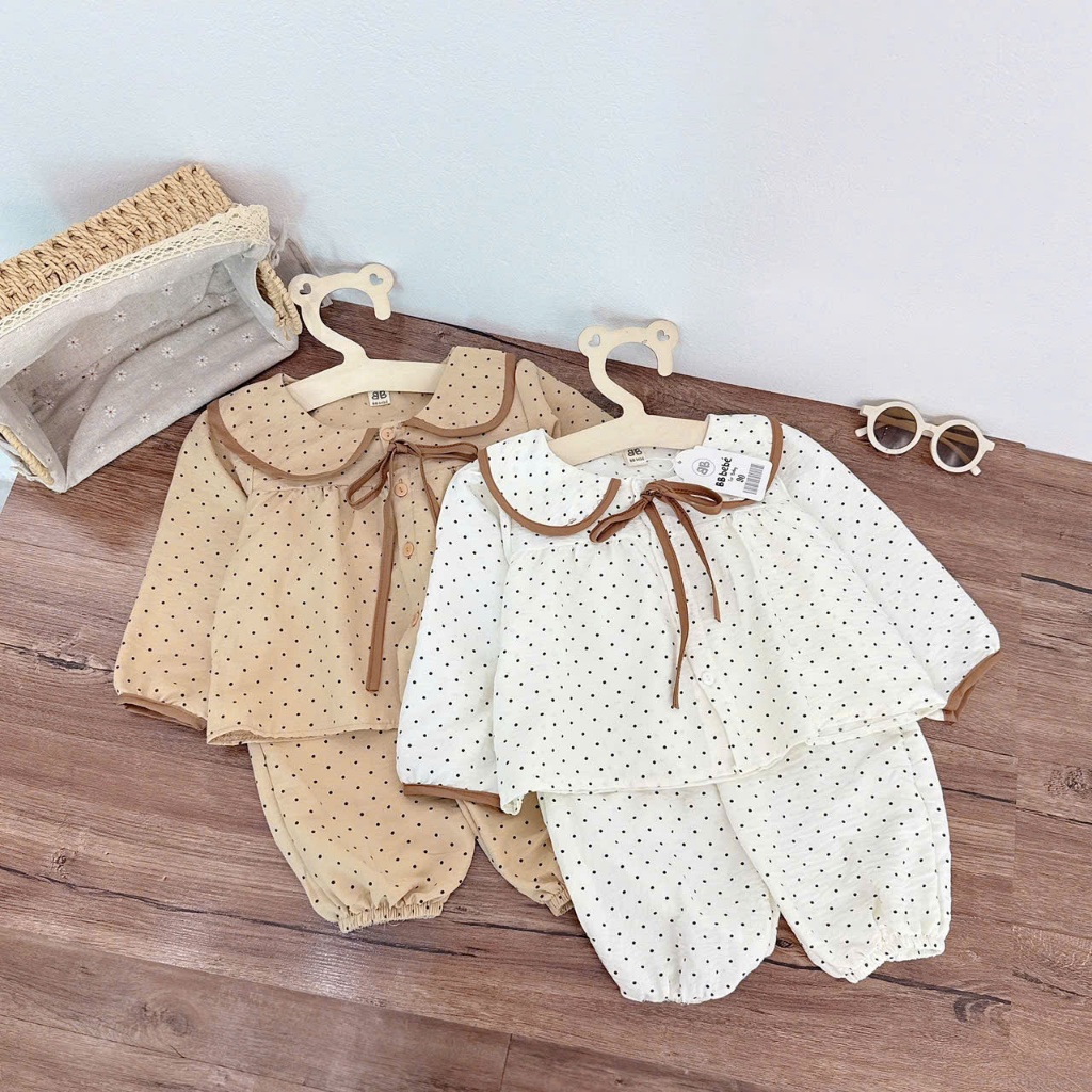 Combo 2 bộ pizama đũi chấm bị cổ sen dễ thương cho bé, set 2 bộ thu đông dài tay đũi mềm mát