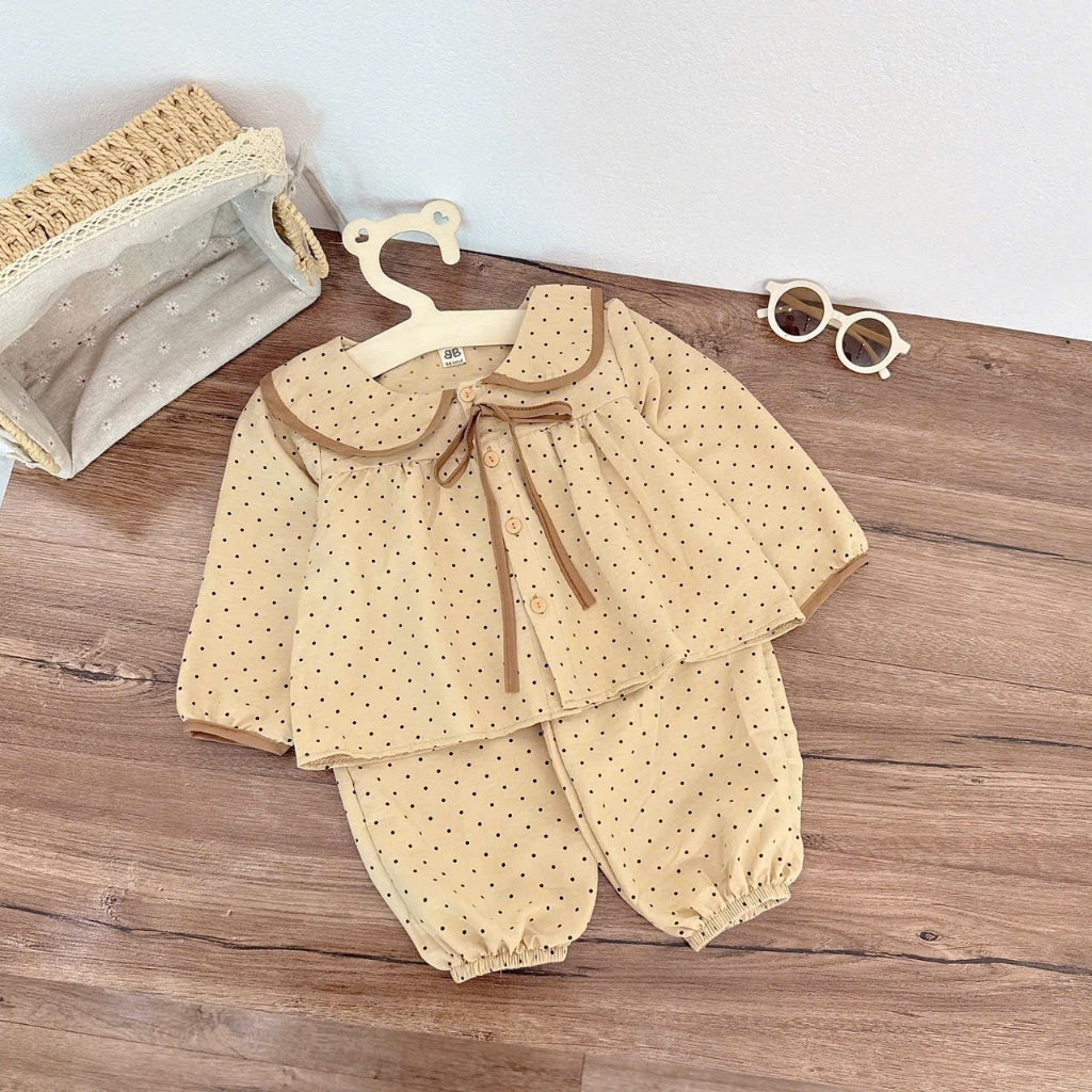 Combo 2 bộ pizama đũi chấm bị cổ sen dễ thương cho bé, set 2 bộ thu đông dài tay đũi mềm mát