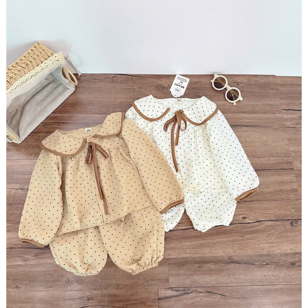 Combo 2 bộ pizama đũi chấm bị cổ sen dễ thương cho bé, set 2 bộ thu đông dài tay đũi mềm mát