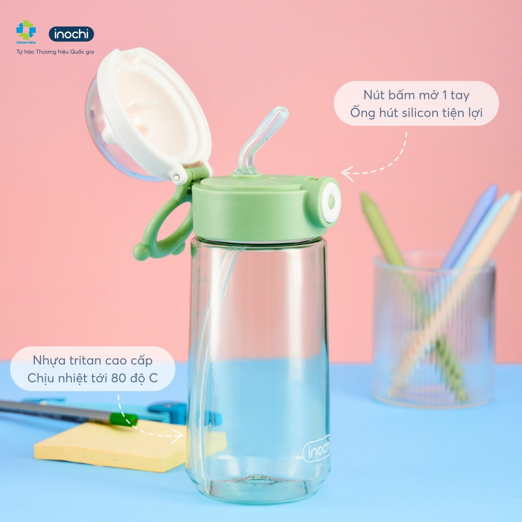 Bình nước nhựa tritan KITA BOO, KITA GUMMY INOCHI có quai cầm & ống hút dễ sử dụng cho bé, an toàn, vạch chia rõ ràng