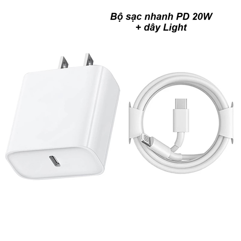 Bộ Sạc Nhanh 20W Chuẩn PD – Cổng Type-C, Kèm Cáp Light cho Ip 6 đến Ip 14 - Cáp Chống Gãy