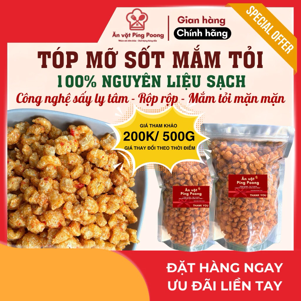 Tóp Mỡ Mắm Tỏi Đặc Biệt 250g-1kg - Chiên Không Dầu, Sốt Đậm Đà, Giòn Tan, Thơm Lừng Hấp Dẫn