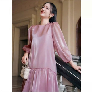 Váy bầu dài tay đuôi cá Viba  V36 chất vải organza màu hồng lịch sự