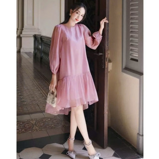 Váy bầu dài tay đuôi cá Viba  V36 chất vải organza màu hồng lịch sự
