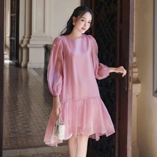 Váy bầu dài tay đuôi cá Viba  V36 chất vải organza màu hồng lịch sự