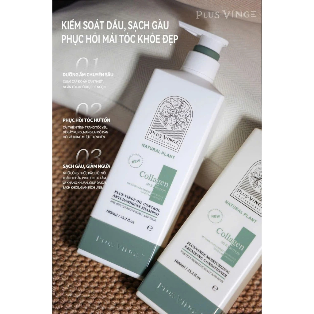 Cặp dầu gội xả collagen vinge 1000ml giảm rụng tóc, kích mọc tóc, phục hồi tóc hư tổn - Soon Beauty
