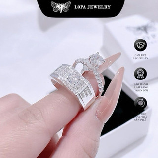 [Hộp Xinh] Nhẫn đôi bạc ta LoPa SK90 nam nữ | Nhẫn nam dáng to – nữ cao cổ đính đá CZ lấp lánh