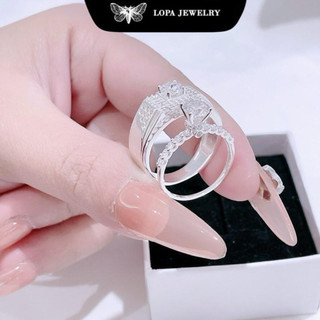 [Hộp Xinh] Nhẫn đôi bạc ta LoPa SK90 nam nữ | Nhẫn nam dáng to – nữ cao cổ đính đá CZ lấp lánh