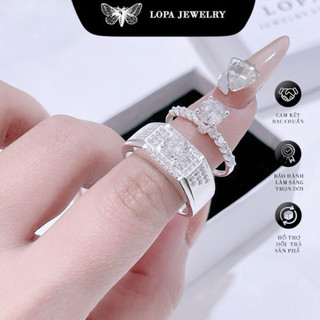 [Hộp Xinh] Nhẫn đôi bạc ta LoPa SK90 nam nữ | Nhẫn nam dáng to – nữ cao cổ đính đá CZ lấp lánh