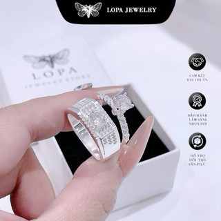 [Hộp Xinh] Nhẫn đôi bạc ta LoPa SK90 nam nữ | Nhẫn nam dáng to – nữ cao cổ đính đá CZ lấp lánh