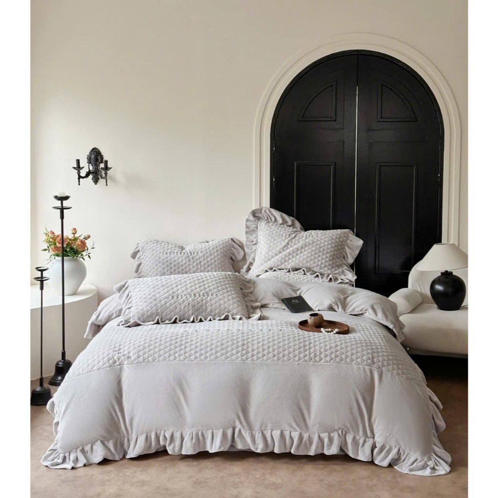 Bộ chăn ga gối nỉ ga trần MemMinbedding Luxury bèo nhúm kết hợp đường ren bèo trang nhã tiểu thư - (L4858)