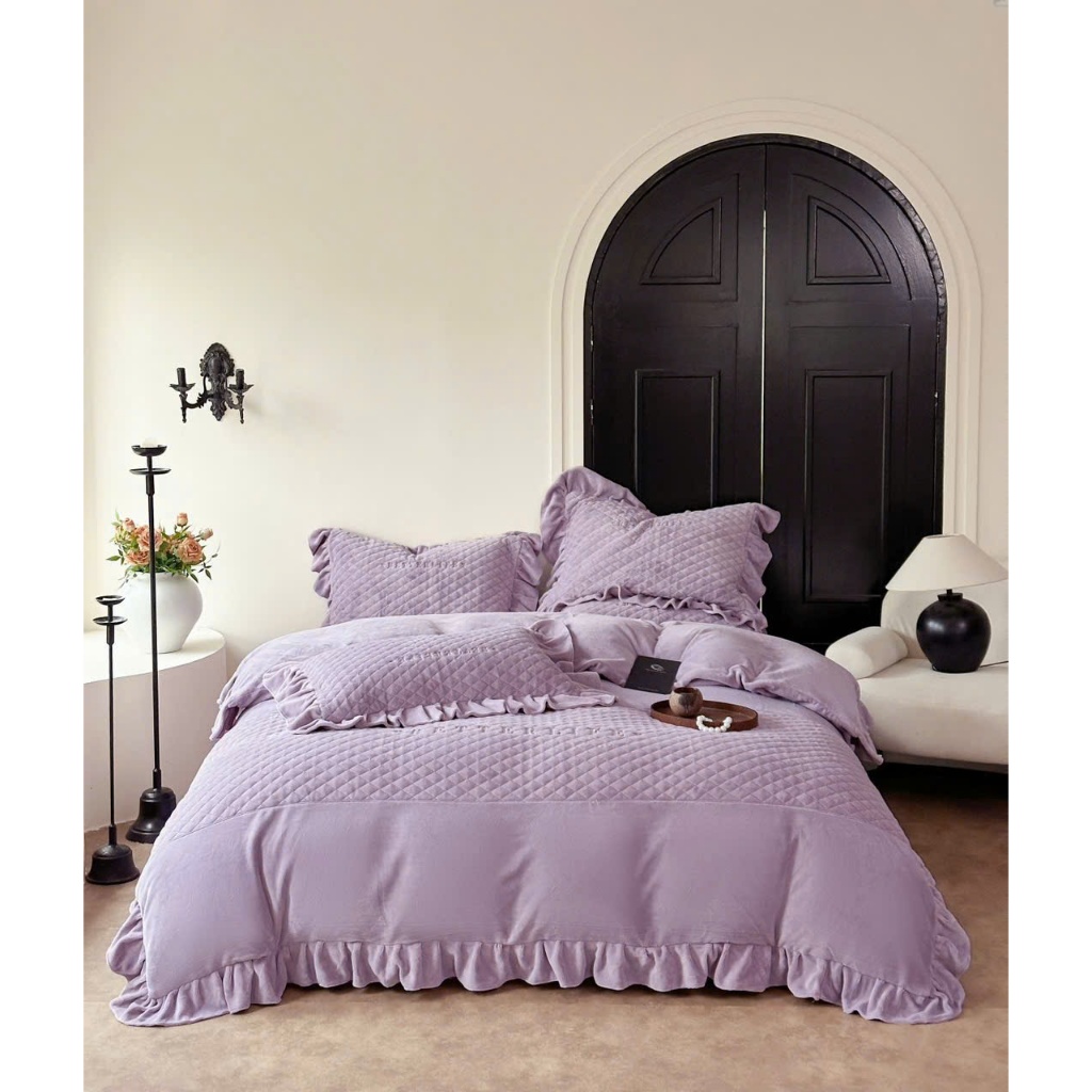 Bộ chăn ga gối nỉ ga trần MemMinbedding Luxury bèo nhúm kết hợp đường ren bèo trang nhã tiểu thư - (L4858)