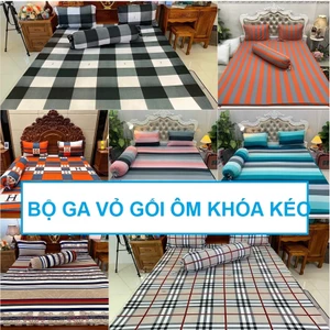 BỘ GA THUN LẠNH KẺ SỌC CÓ VỎ GỐI ÔM KHÓA KÉO - chất ga mềm mát mịn, dễ giặt, nhanh khô, không xù lông