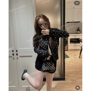 Áo khoác cardigan len dày chấm bi form vừa, áo khoác len dài tay nữ thu đông - L1100