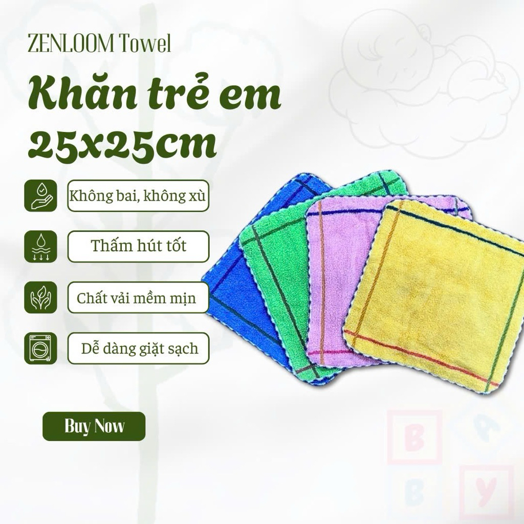Combo 10  Khăn Cotton Lau Mặt Trẻ Em 25x25cm – Mềm, Thấm Hút Tốt, Không Xù Lông