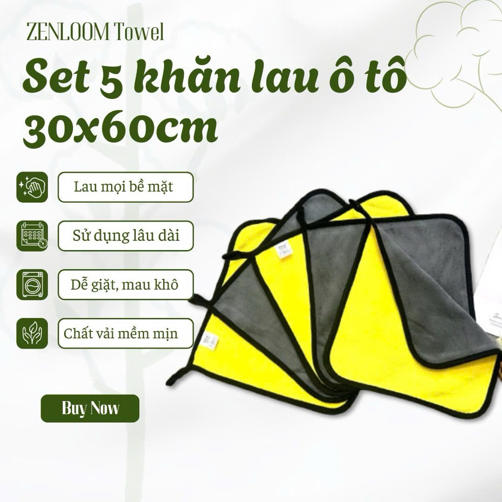 Set 5 Khăn lau xe hơi, lau kính, lau tay – microfiber siêu thấm hút, mềm mịn 30x30cm