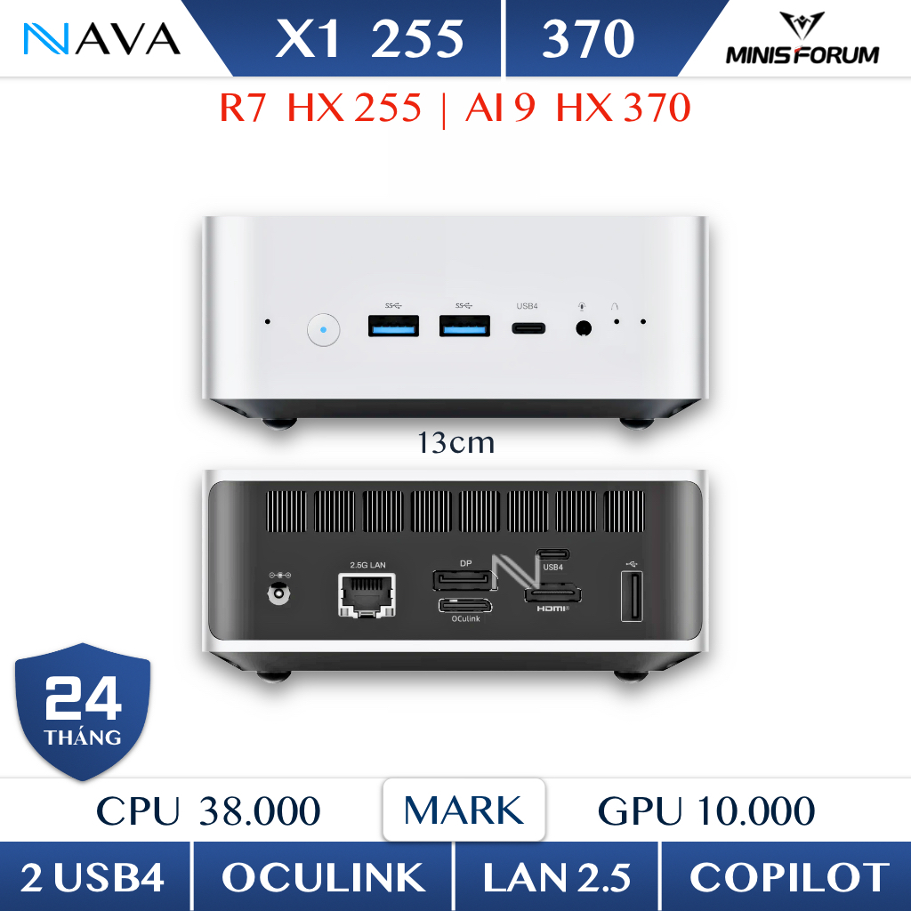 Mini PC AI Minisforum X1 Ryzen 9 HX 370 890M Usb4, Oculink, DDR5 hỗ trợ AI mạnh mẽ HX370