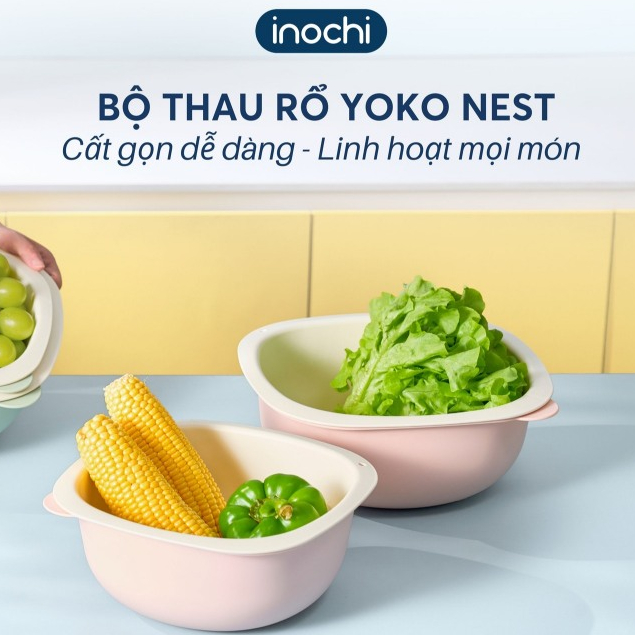 COMBO 2 BỘ THAU RỔ YOKO NEST 25cm+ 28cm, rửa rau củ, trộn salad- lỗ thoát nước tiện lợi, lỗ treo tiết kiệm ko gian