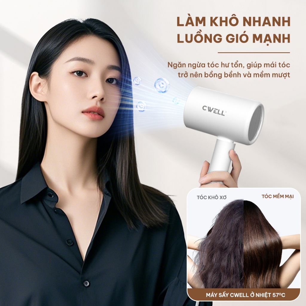Máy sấy tóc công suất cao CWELL C12 2000W, 3 chế độ sấy đa năng, gấp gọn tiện lợi, sấy nhanh khô | BigBuy360 - bigbuy360.vn